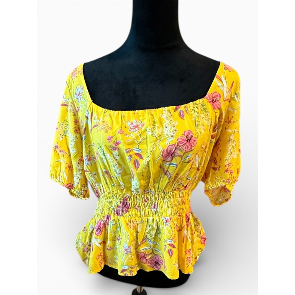 Sofia Jeans by Sofia Vergara Yellow Floral Smocked Peplum‎ Top Women's XL
